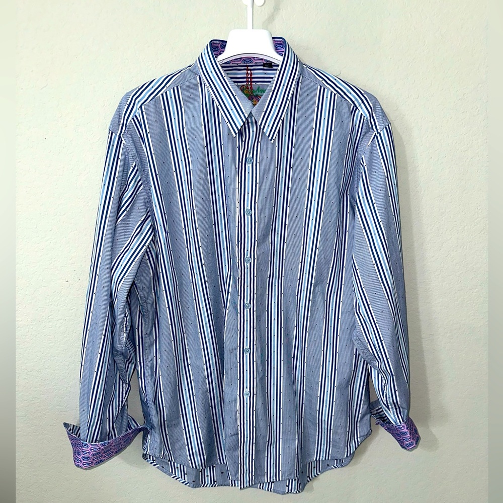 Robert Graham Shirt Mens Size‎ XL Blue White Button Up Striped Flip Cuff